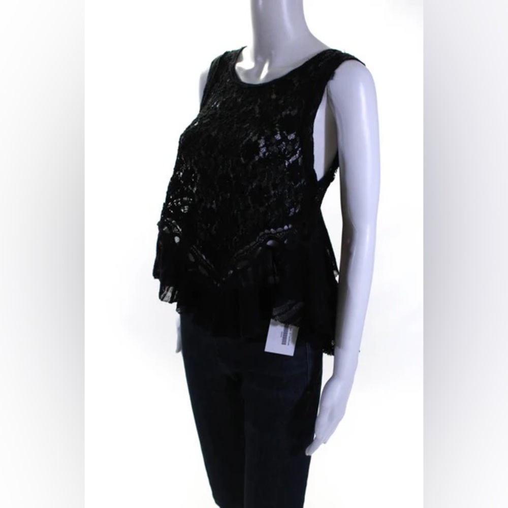 Free People Womens Cotton Sheer Lace Asymmetrical Blouse Top Black Size M